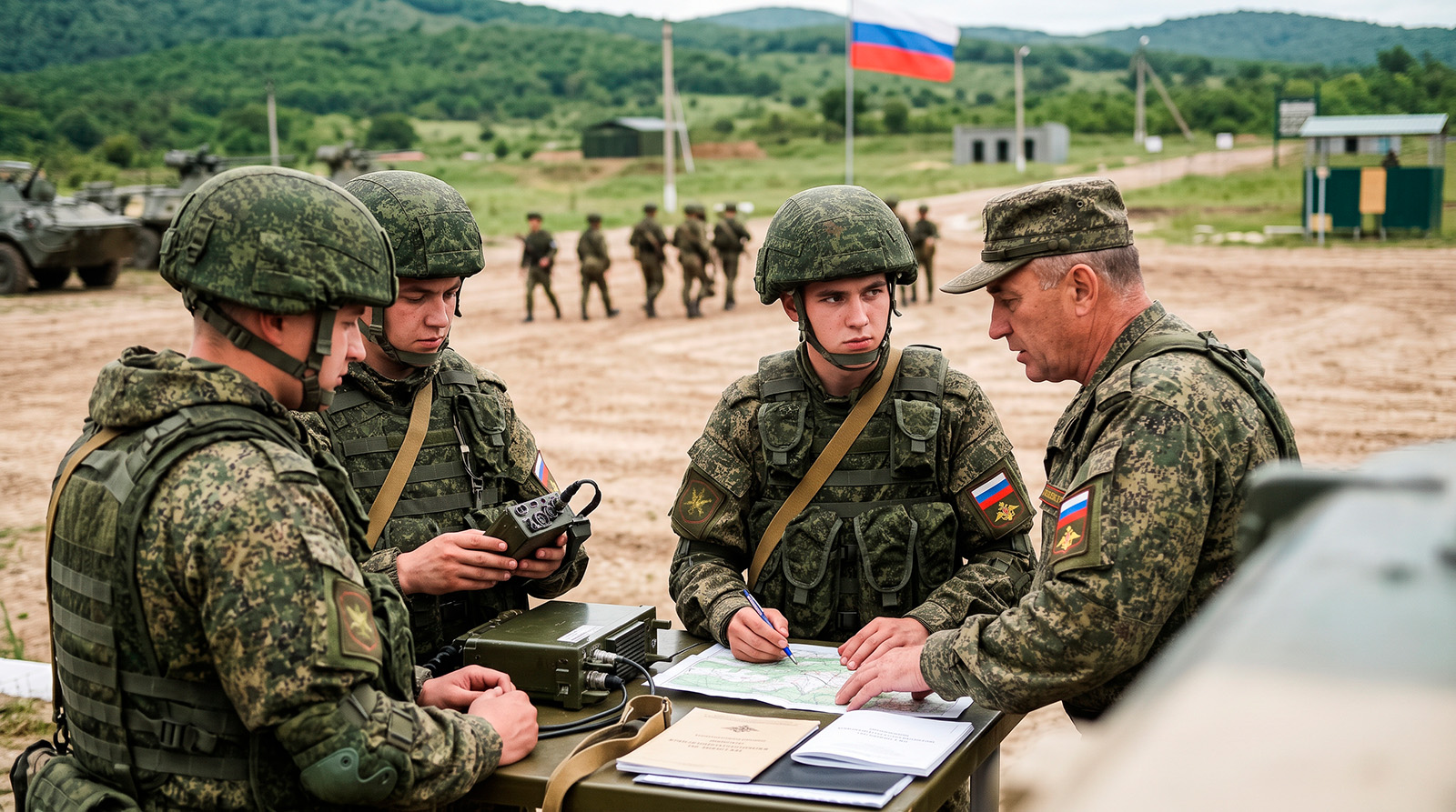 Инструктор и бойцы подбирают должность на полигоне